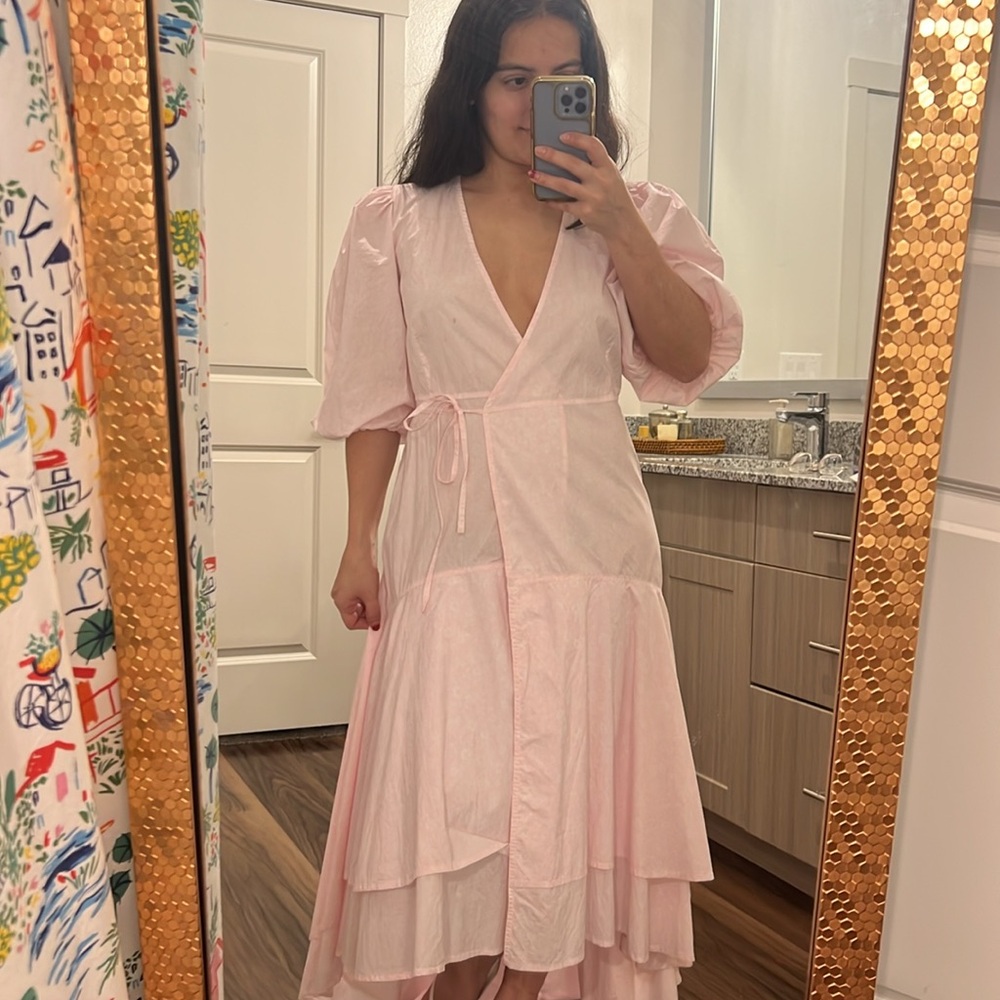 Ganni Puff Sleeve Organic Cotton Wrap Dress in Cherry Blossom - Picture 10 of 10